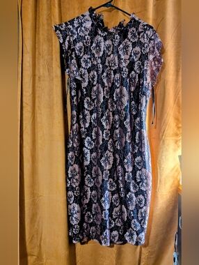 Floral Lace Overlay Pink and Black Sheath Dress